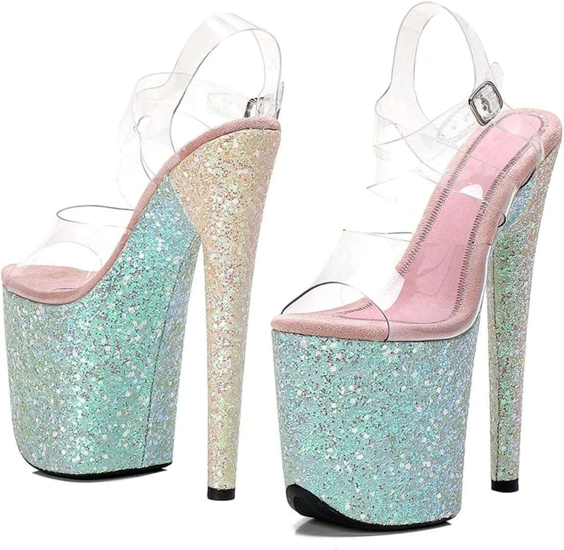 WUXIN H&P Women's Clear Exotic Pole Dance Ankle-Strap Sandal 8 Inch Round Toe Glitter Splice Platform Fashion Model Sexy Stiletto Custom Dress shoes High Heel