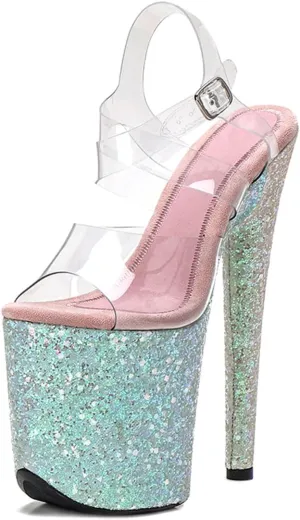 WUXIN H&P Women's Clear Exotic Pole Dance Ankle-Strap Sandal 8 Inch Round Toe Glitter Splice Platform Fashion Model Sexy Stiletto Custom Dress shoes High Heel