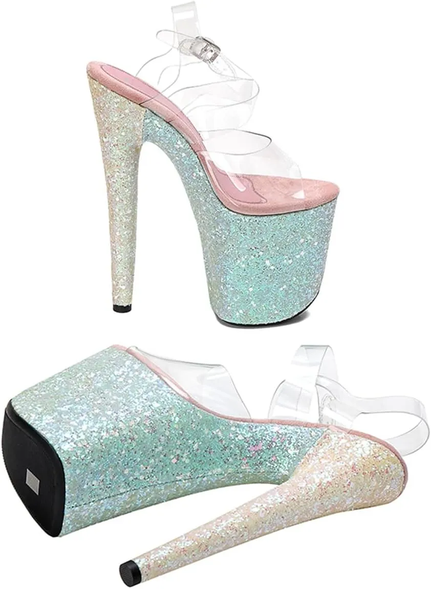 WUXIN H&P Women's Clear Exotic Pole Dance Ankle-Strap Sandal 8 Inch Round Toe Glitter Splice Platform Fashion Model Sexy Stiletto Custom Dress shoes High Heel