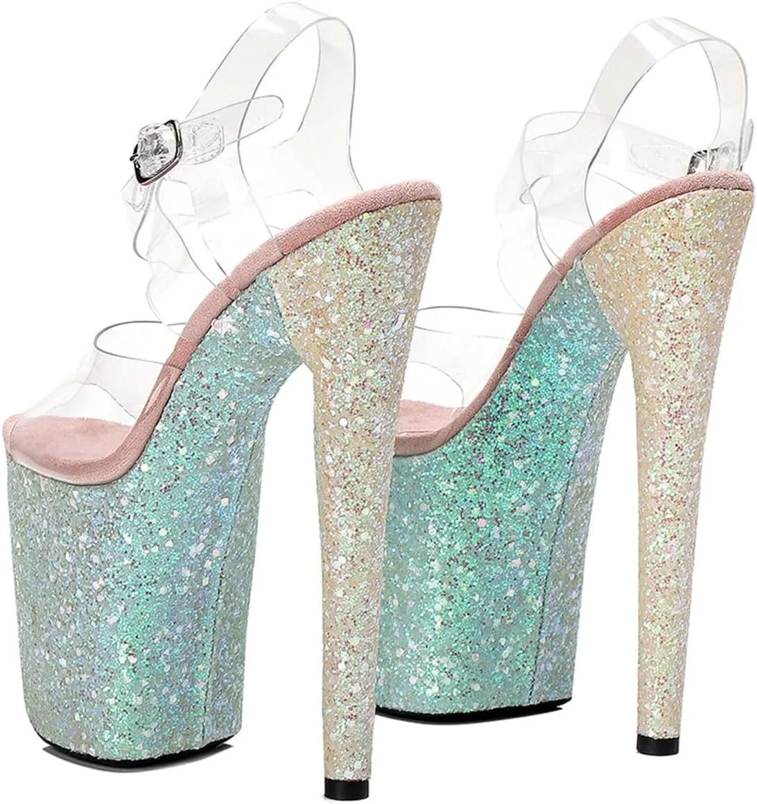 WUXIN H&P Women's Clear Exotic Pole Dance Ankle-Strap Sandal 8 Inch Round Toe Glitter Splice Platform Fashion Model Sexy Stiletto Custom Dress shoes High Heel