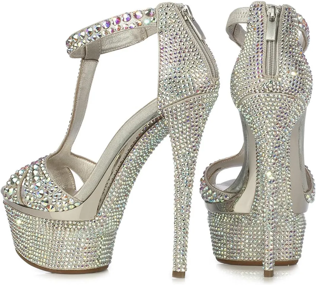 XYD Women Bejeweled Sandal Open Toe T-Strap Platform Rhinestones Stiletto High Heels with Zipper Multicolor Crystals Prom Event Shoes