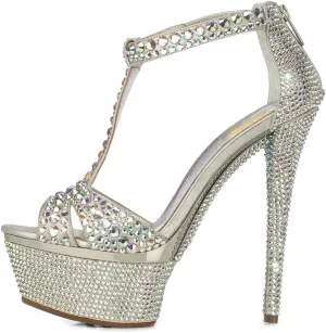 XYD Women Bejeweled Sandal Open Toe T-Strap Platform Rhinestones Stiletto High Heels with Zipper Multicolor Crystals Prom Event Shoes