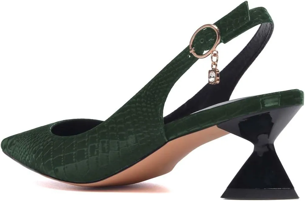 XYD Women Pointed Toe Pumps Low Heels Delicate Crocodile Pattern Slip On Buckled Drooping Rhinestone Kitten Sandals Formal Party Office Shoes