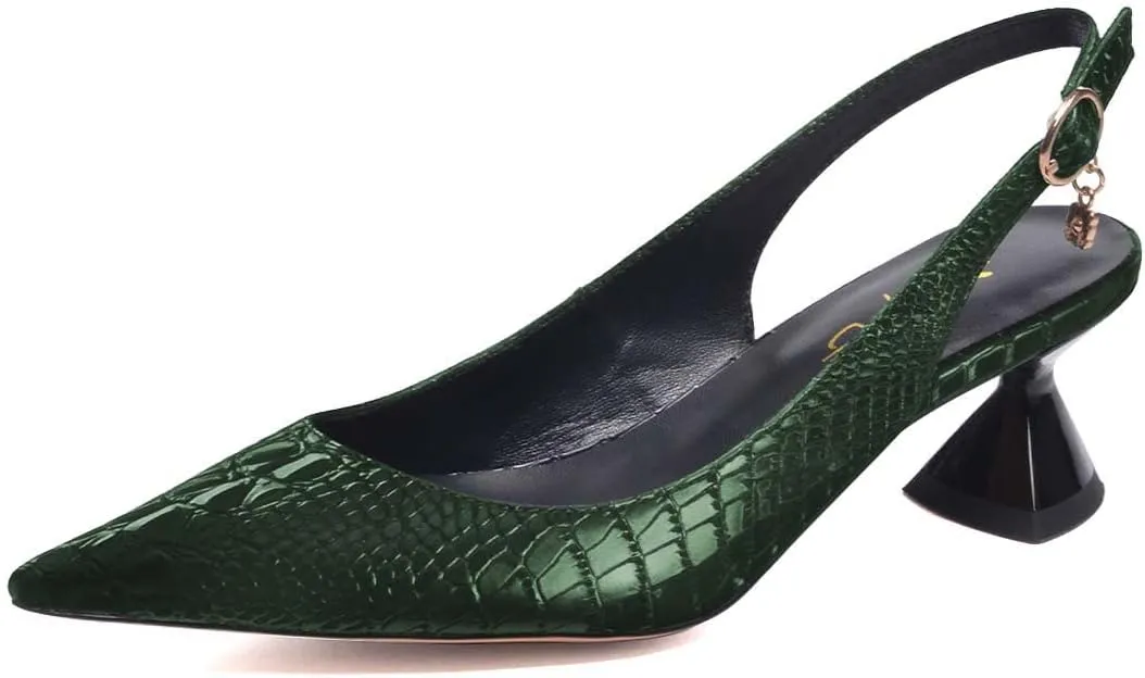 XYD Women Pointed Toe Pumps Low Heels Delicate Crocodile Pattern Slip On Buckled Drooping Rhinestone Kitten Sandals Formal Party Office Shoes