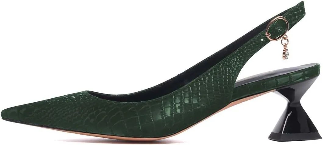 XYD Women Pointed Toe Pumps Low Heels Delicate Crocodile Pattern Slip On Buckled Drooping Rhinestone Kitten Sandals Formal Party Office Shoes