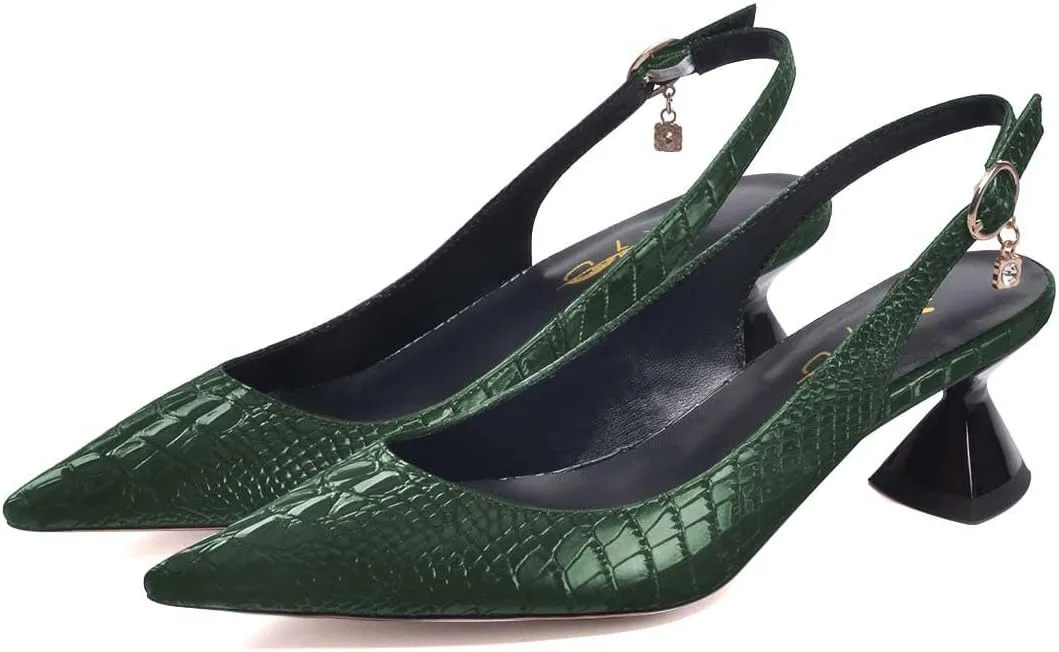 XYD Women Pointed Toe Pumps Low Heels Delicate Crocodile Pattern Slip On Buckled Drooping Rhinestone Kitten Sandals Formal Party Office Shoes