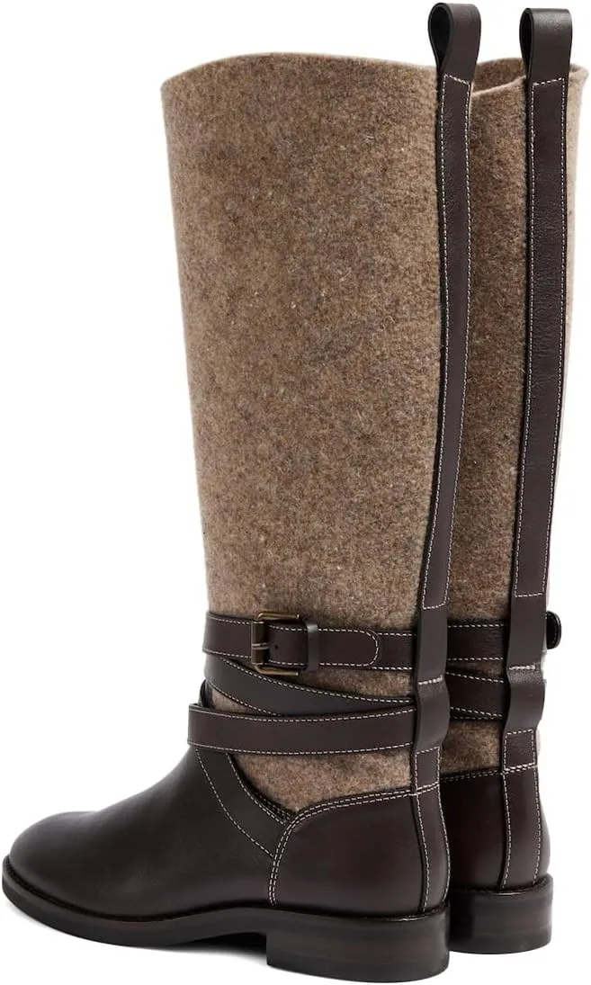 XYD Women's Round Toe Ankle Strappy Knee High Boots Western Pull On Chunky Low Heel Wide Calf Booties Dressy Shoes