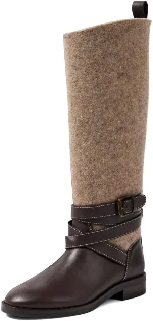 XYD Women's Round Toe Ankle Strappy Knee High Boots Western Pull On Chunky Low Heel Wide Calf Booties Dressy Shoes