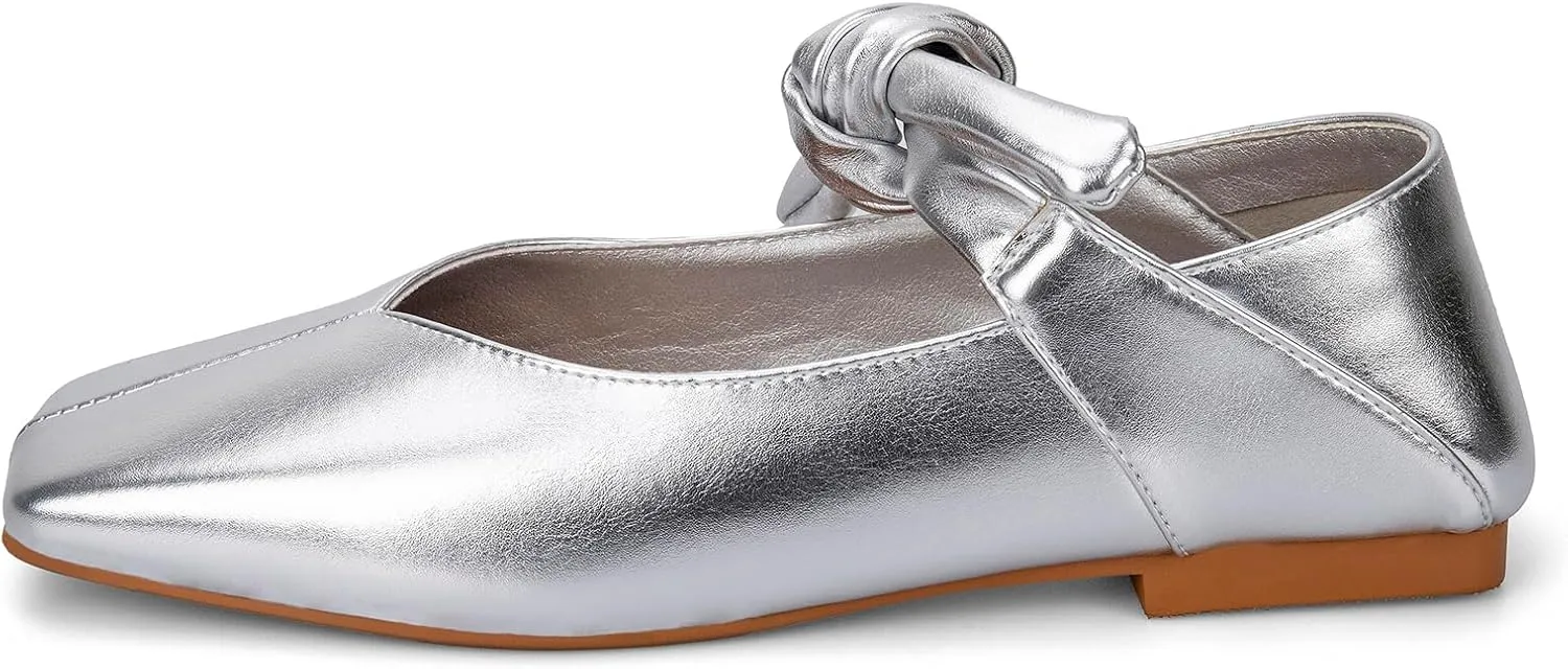 Yishaweiqi Bow Knot Ballet Flats Shoes for Women Bowtie Strap Ballerina Shoes Slip-on Square Toe Mary Jane Flats