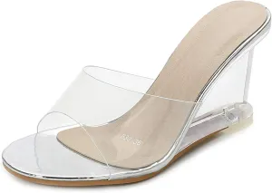 YIYA Women's Clear Wedge Sandals Transparent Open Toe Slip On Mule Lucite Heel Slide Dress Shoes