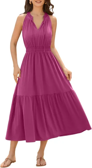 ZAFUL Women's 2025 Summer Casual Midi Dress Sleeveless Adjustable V Neck Elastic Empire Waist Smocked Ruffle Tiered Dresses