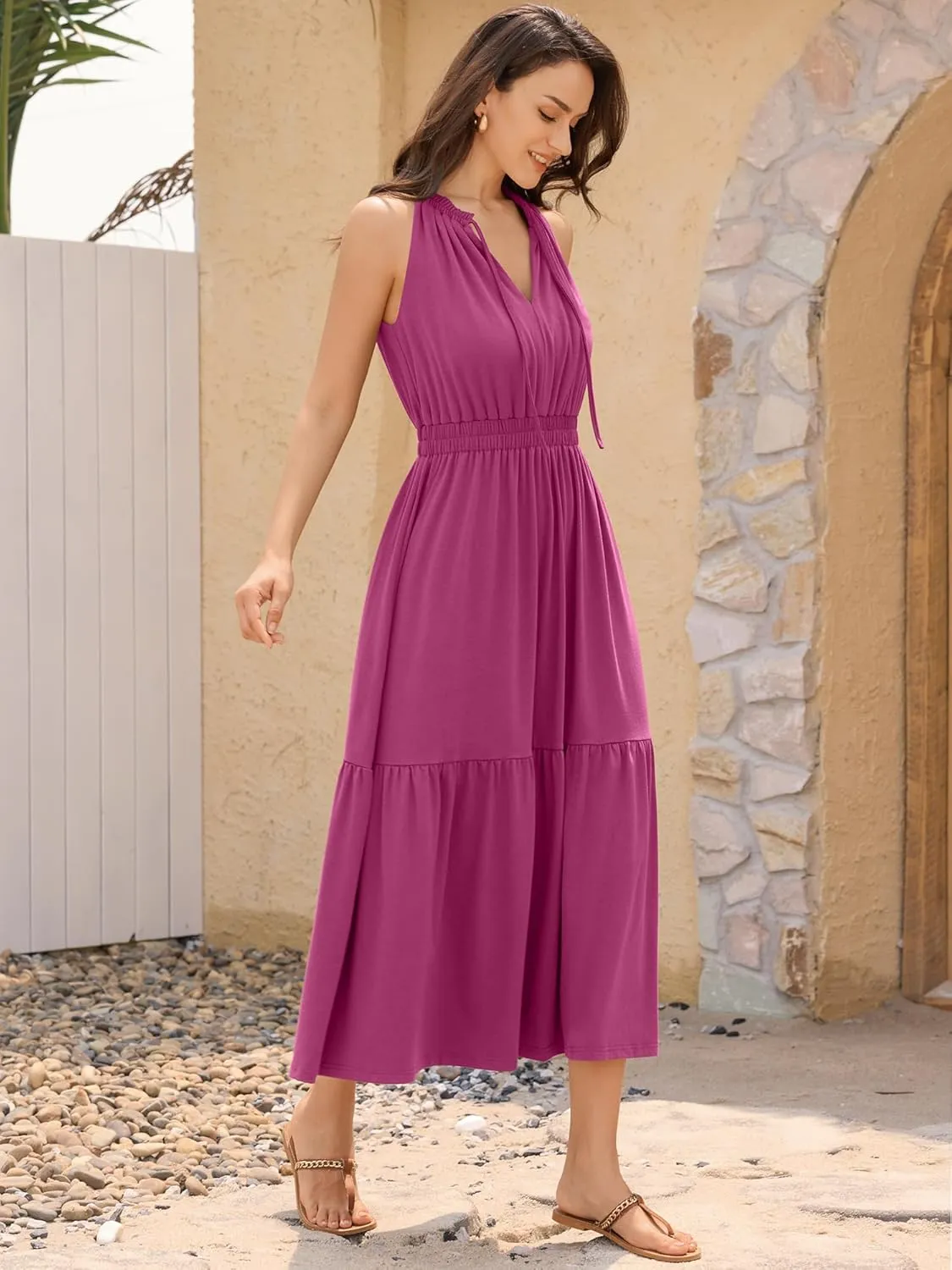 ZAFUL Women's 2025 Summer Casual Midi Dress Sleeveless Adjustable V Neck Elastic Empire Waist Smocked Ruffle Tiered Dresses