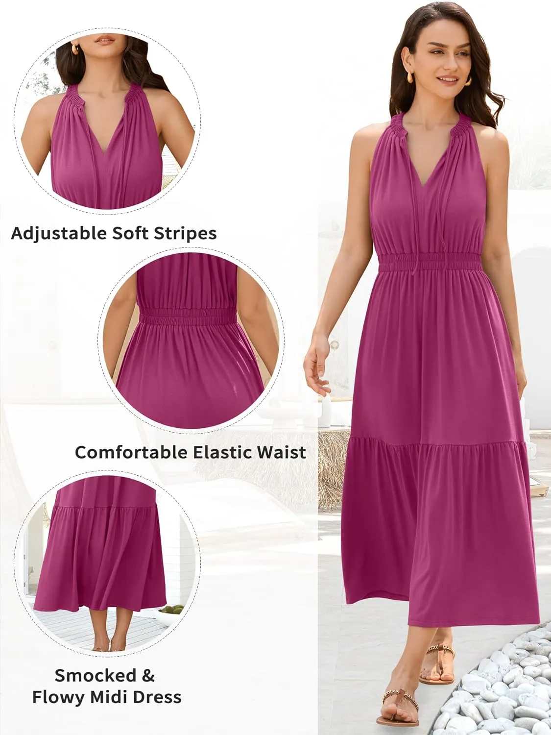 ZAFUL Women's 2025 Summer Casual Midi Dress Sleeveless Adjustable V Neck Elastic Empire Waist Smocked Ruffle Tiered Dresses