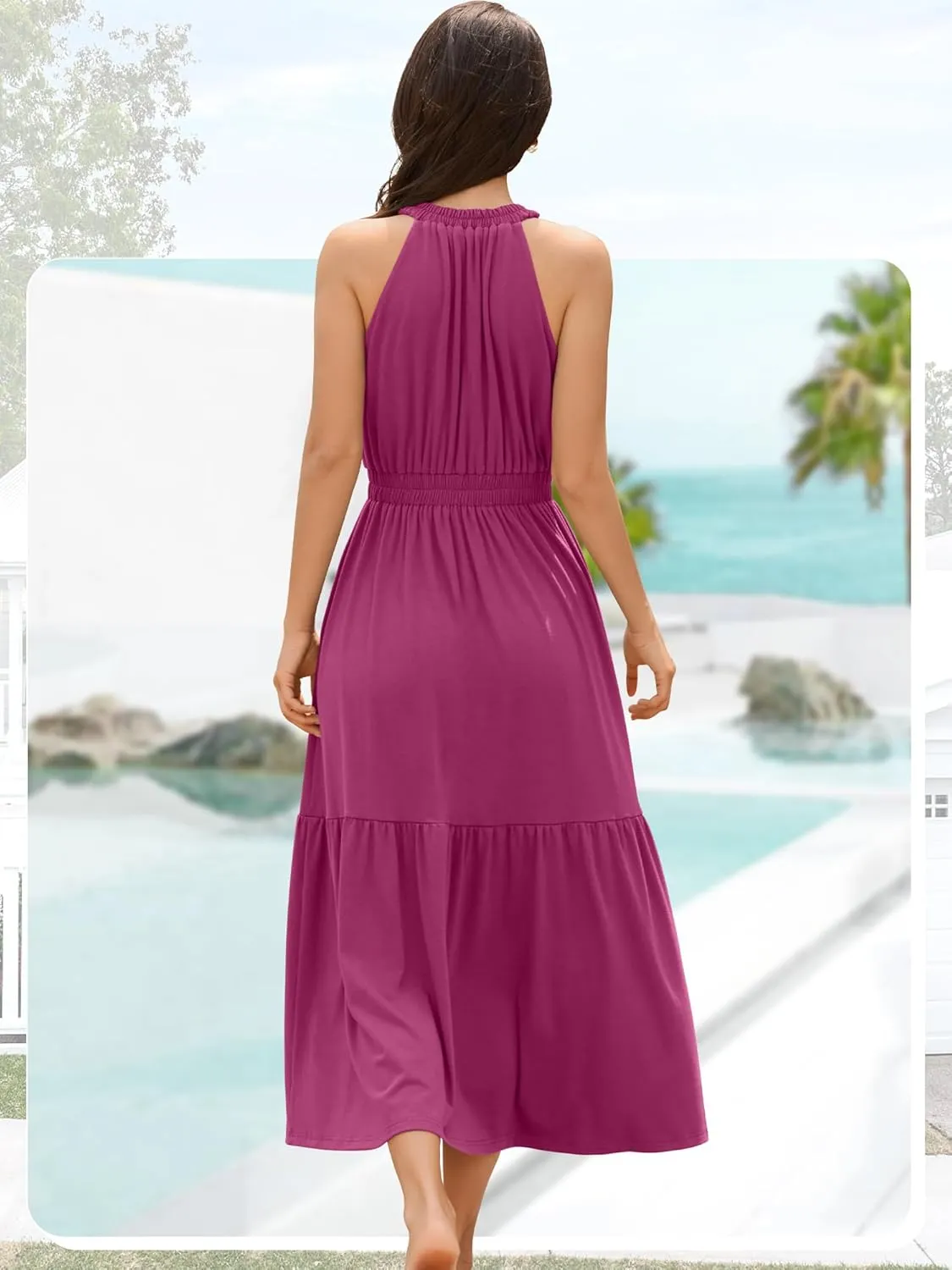 ZAFUL Women's 2025 Summer Casual Midi Dress Sleeveless Adjustable V Neck Elastic Empire Waist Smocked Ruffle Tiered Dresses