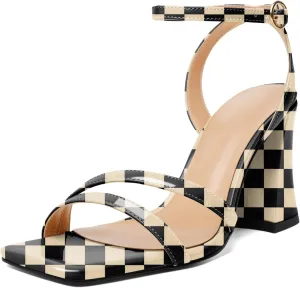 Zamikoo Women's Heeled Sandals, Open Toe Strappy Chunky High Heels, Ankle Strap Square Toe Heels, High Heel Sandals for Wedding Party Dress Work 3.5 Inches
