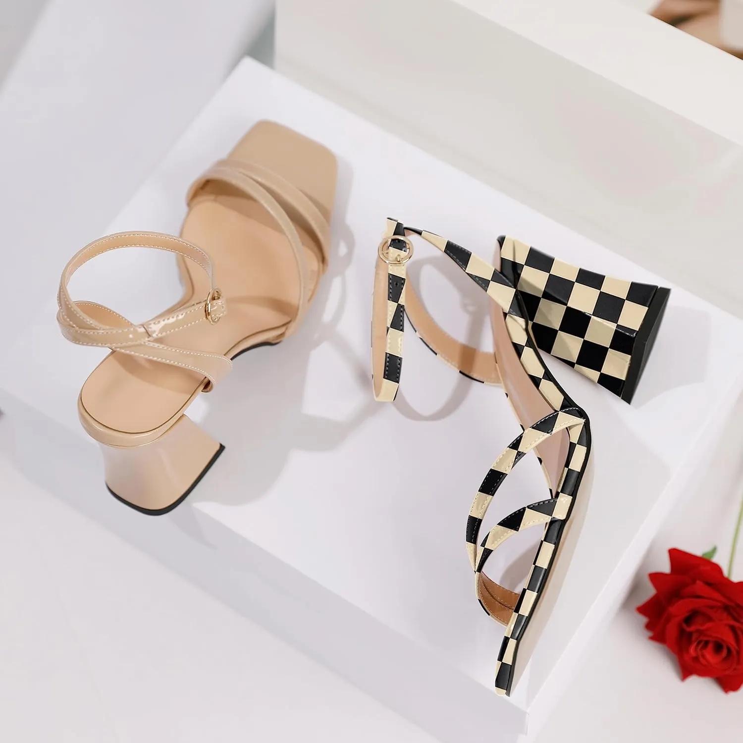 Zamikoo Women's Heeled Sandals, Open Toe Strappy Chunky High Heels, Ankle Strap Square Toe Heels, High Heel Sandals for Wedding Party Dress Work 3.5 Inches